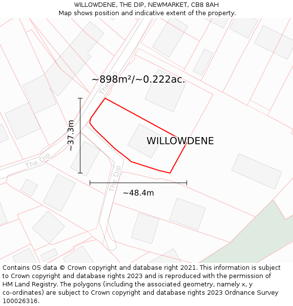 WILLOWDENE, THE DIP, NEWMARKET, CB8 8AH: Plot and title map