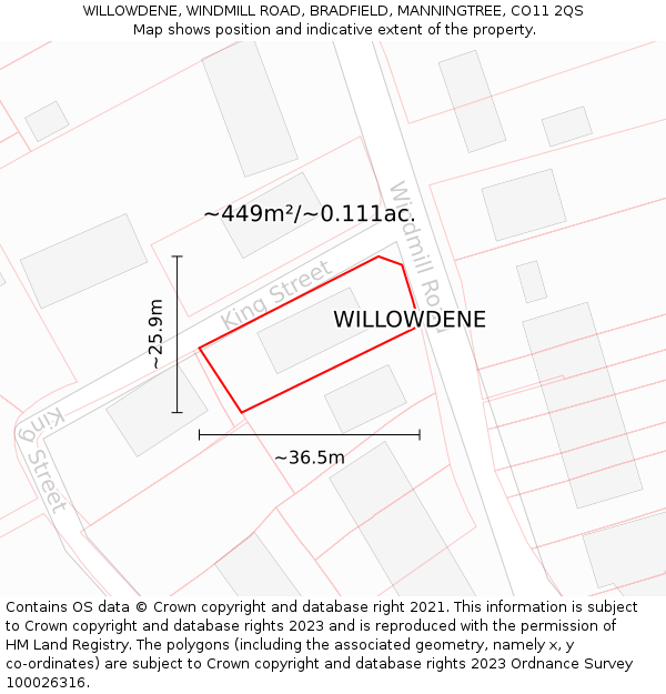 WILLOWDENE, WINDMILL ROAD, BRADFIELD, MANNINGTREE, CO11 2QS: Plot and title map