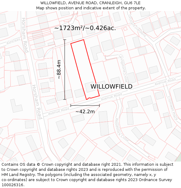 WILLOWFIELD, AVENUE ROAD, CRANLEIGH, GU6 7LE: Plot and title map