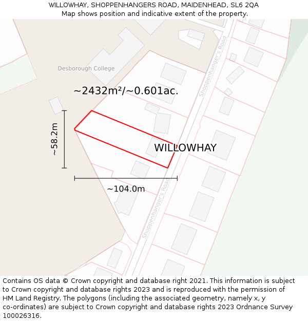 WILLOWHAY, SHOPPENHANGERS ROAD, MAIDENHEAD, SL6 2QA: Plot and title map