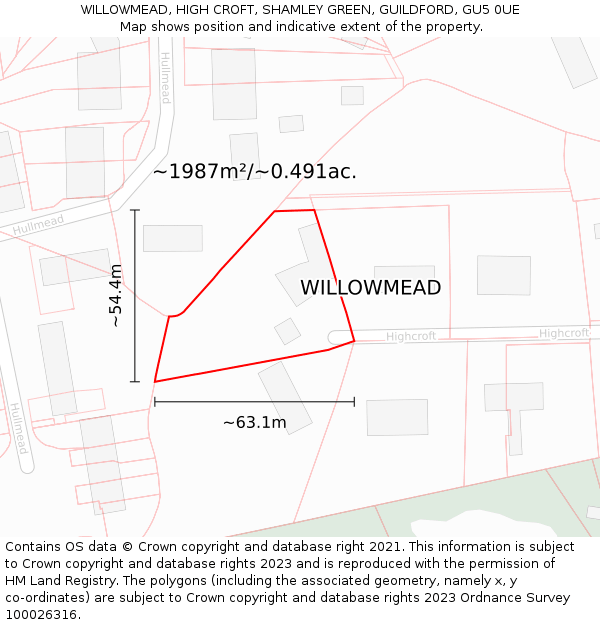 WILLOWMEAD, HIGH CROFT, SHAMLEY GREEN, GUILDFORD, GU5 0UE: Plot and title map