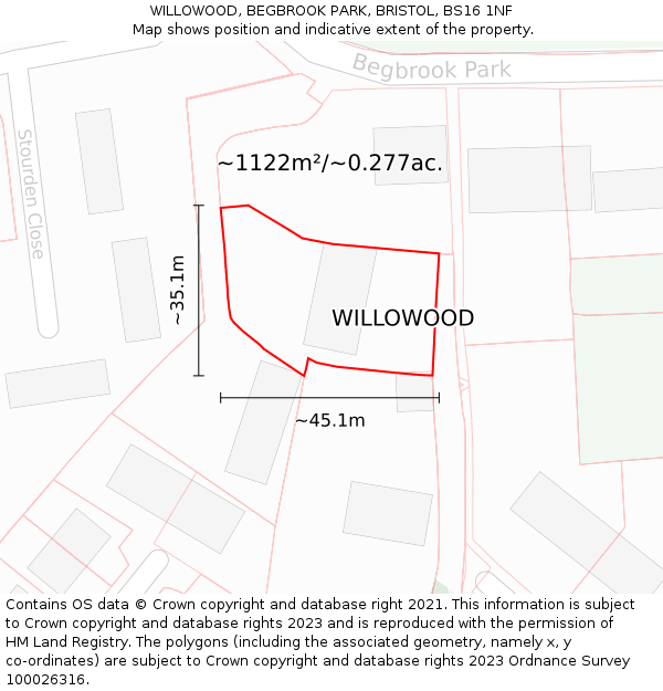 WILLOWOOD, BEGBROOK PARK, BRISTOL, BS16 1NF: Plot and title map