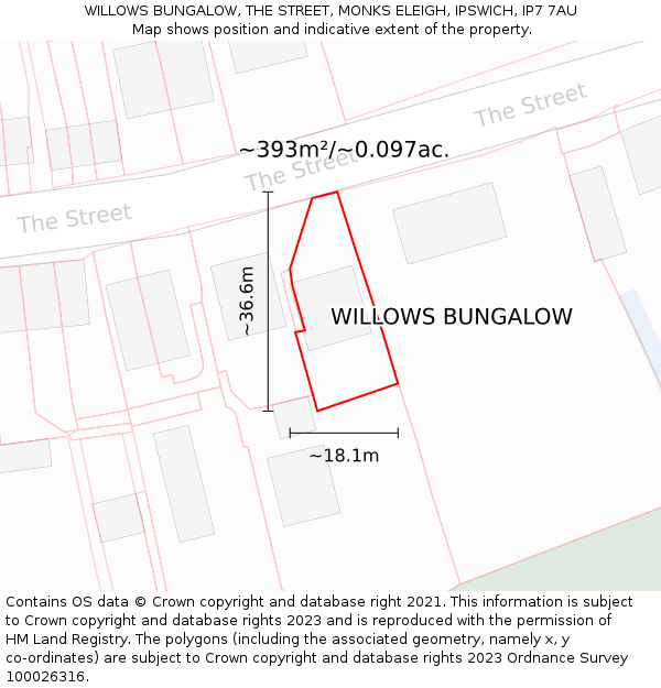 WILLOWS BUNGALOW, THE STREET, MONKS ELEIGH, IPSWICH, IP7 7AU: Plot and title map