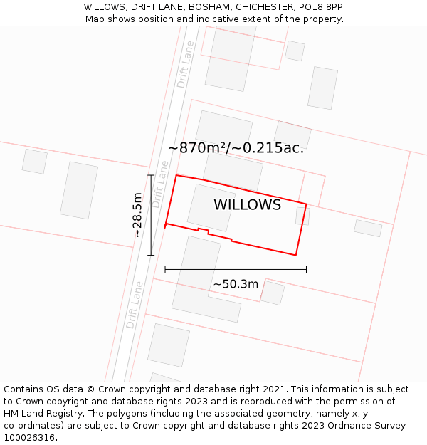 WILLOWS, DRIFT LANE, BOSHAM, CHICHESTER, PO18 8PP: Plot and title map