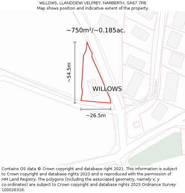 WILLOWS, LLANDDEWI VELFREY, NARBERTH, SA67 7PB: Plot and title map