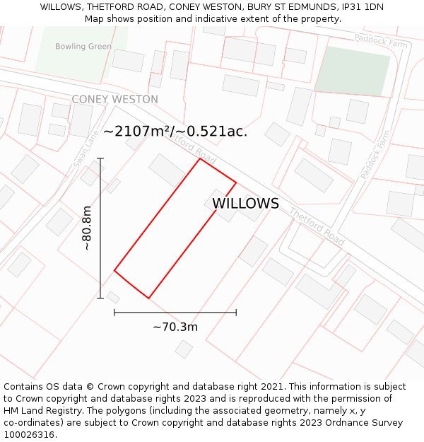 WILLOWS, THETFORD ROAD, CONEY WESTON, BURY ST EDMUNDS, IP31 1DN: Plot and title map