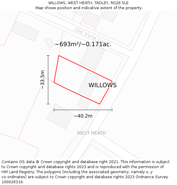 WILLOWS, WEST HEATH, TADLEY, RG26 5LE: Plot and title map