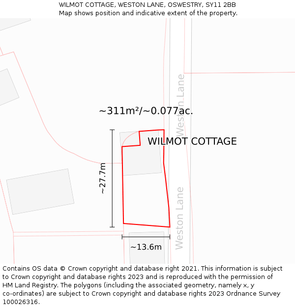 WILMOT COTTAGE, WESTON LANE, OSWESTRY, SY11 2BB: Plot and title map