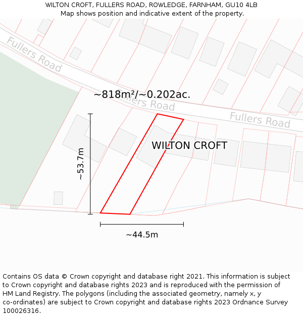 WILTON CROFT, FULLERS ROAD, ROWLEDGE, FARNHAM, GU10 4LB: Plot and title map