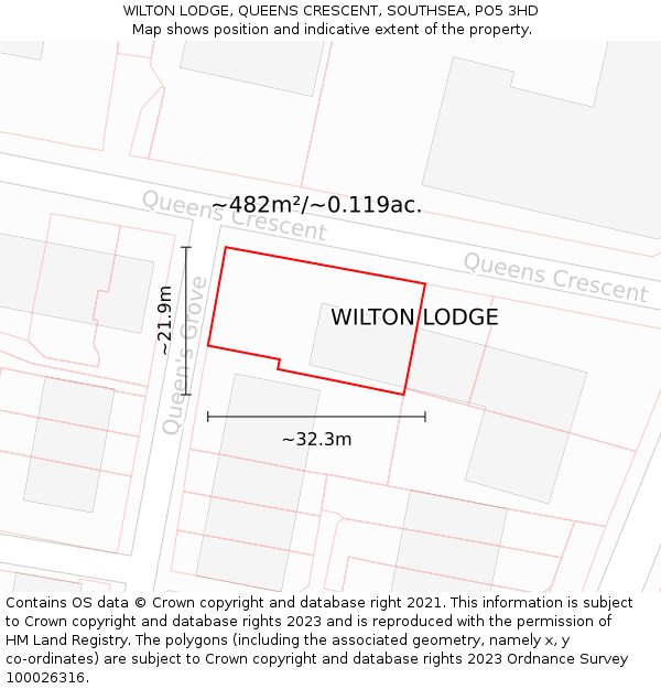 WILTON LODGE, QUEENS CRESCENT, SOUTHSEA, PO5 3HD: Plot and title map