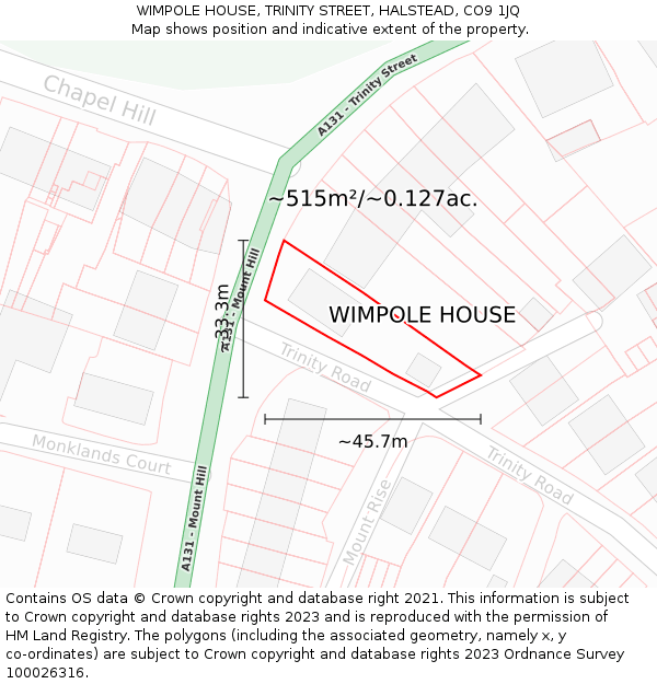 WIMPOLE HOUSE, TRINITY STREET, HALSTEAD, CO9 1JQ: Plot and title map