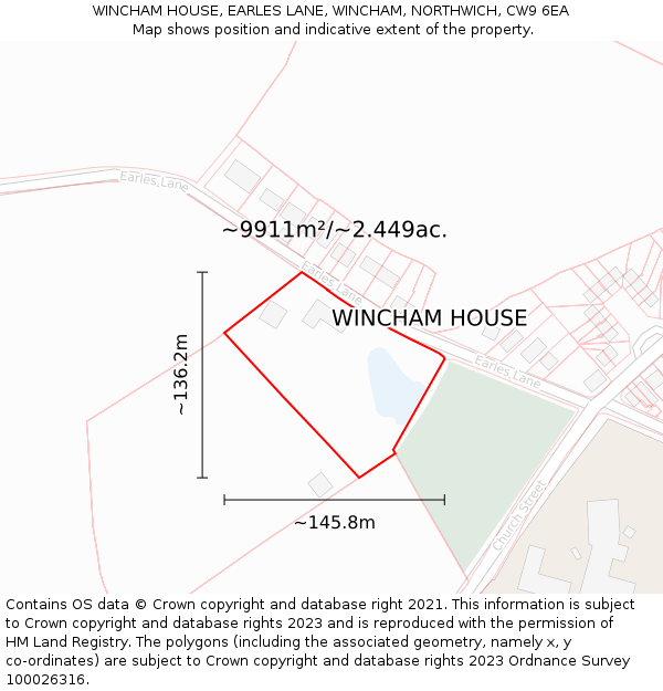 WINCHAM HOUSE, EARLES LANE, WINCHAM, NORTHWICH, CW9 6EA: Plot and title map