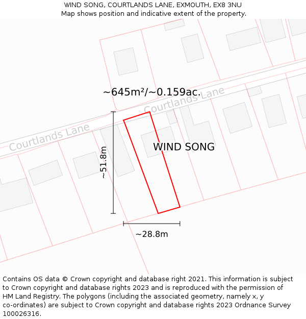WIND SONG, COURTLANDS LANE, EXMOUTH, EX8 3NU: Plot and title map