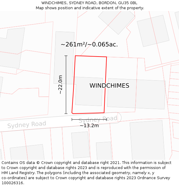 WINDCHIMES, SYDNEY ROAD, BORDON, GU35 0BL: Plot and title map