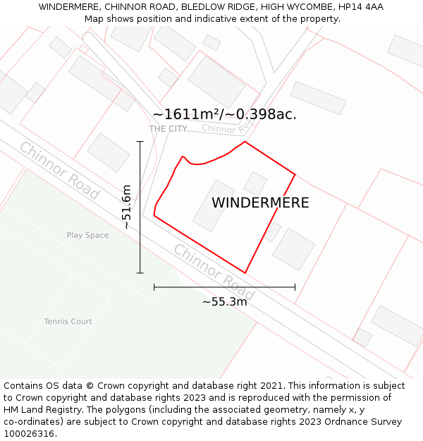 WINDERMERE, CHINNOR ROAD, BLEDLOW RIDGE, HIGH WYCOMBE, HP14 4AA: Plot and title map
