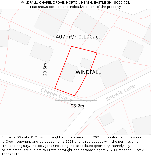 WINDFALL, CHAPEL DROVE, HORTON HEATH, EASTLEIGH, SO50 7DL: Plot and title map