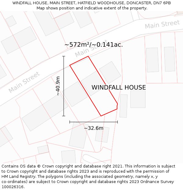 WINDFALL HOUSE, MAIN STREET, HATFIELD WOODHOUSE, DONCASTER, DN7 6PB: Plot and title map