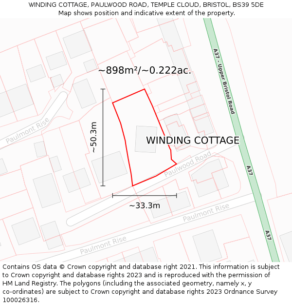 WINDING COTTAGE, PAULWOOD ROAD, TEMPLE CLOUD, BRISTOL, BS39 5DE: Plot and title map