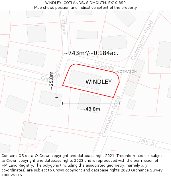 WINDLEY, COTLANDS, SIDMOUTH, EX10 8SP: Plot and title map