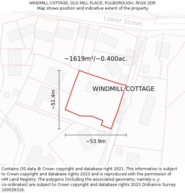WINDMILL COTTAGE, OLD MILL PLACE, PULBOROUGH, RH20 2DR: Plot and title map