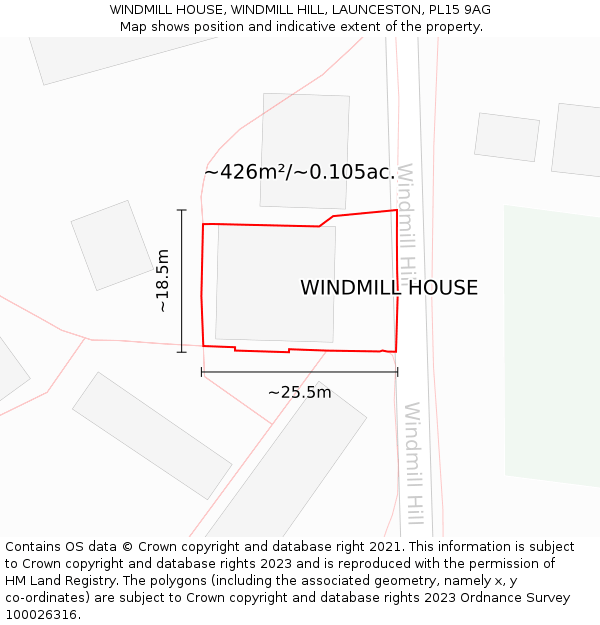 WINDMILL HOUSE, WINDMILL HILL, LAUNCESTON, PL15 9AG: Plot and title map