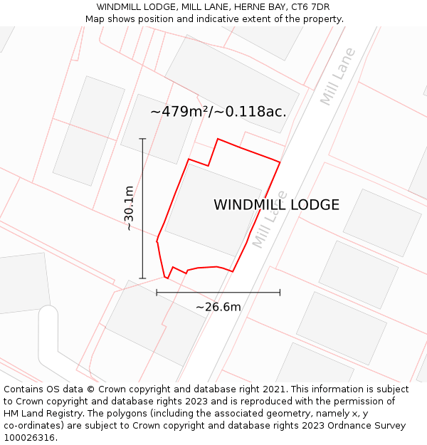 WINDMILL LODGE, MILL LANE, HERNE BAY, CT6 7DR: Plot and title map