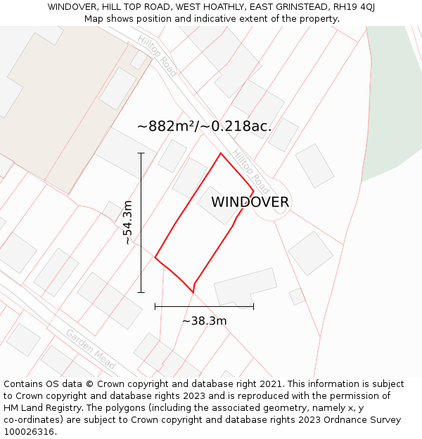 WINDOVER, HILL TOP ROAD, WEST HOATHLY, EAST GRINSTEAD, RH19 4QJ: Plot and title map