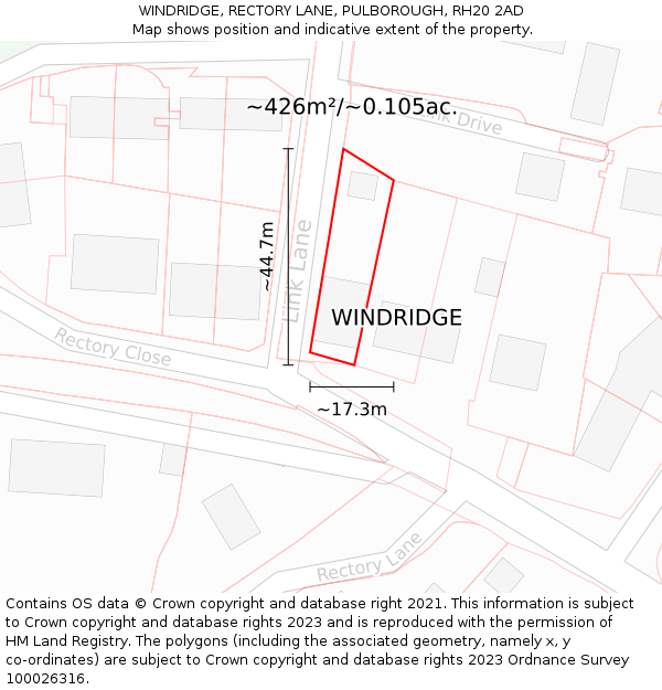WINDRIDGE, RECTORY LANE, PULBOROUGH, RH20 2AD: Plot and title map
