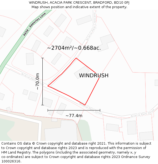 WINDRUSH, ACACIA PARK CRESCENT, BRADFORD, BD10 0PJ: Plot and title map