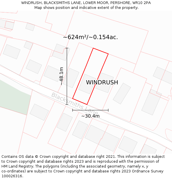 WINDRUSH, BLACKSMITHS LANE, LOWER MOOR, PERSHORE, WR10 2PA: Plot and title map