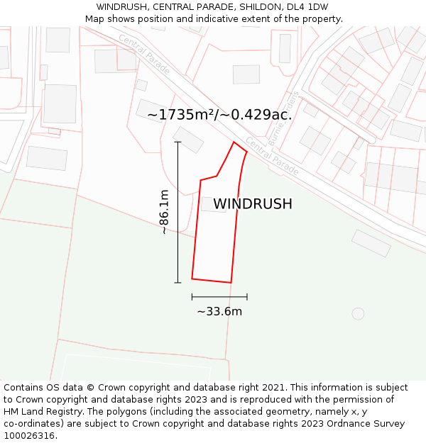 WINDRUSH, CENTRAL PARADE, SHILDON, DL4 1DW: Plot and title map