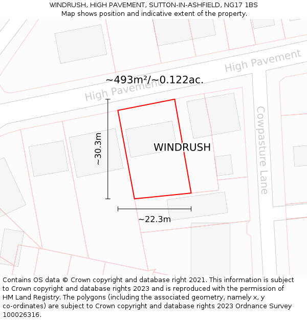 WINDRUSH, HIGH PAVEMENT, SUTTON-IN-ASHFIELD, NG17 1BS: Plot and title map