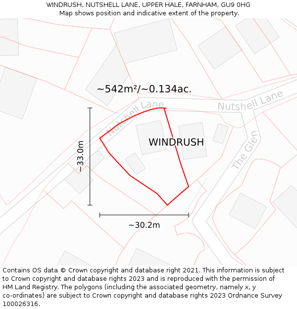 WINDRUSH, NUTSHELL LANE, UPPER HALE, FARNHAM, GU9 0HG: Plot and title map