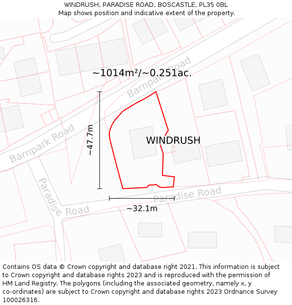 WINDRUSH, PARADISE ROAD, BOSCASTLE, PL35 0BL: Plot and title map