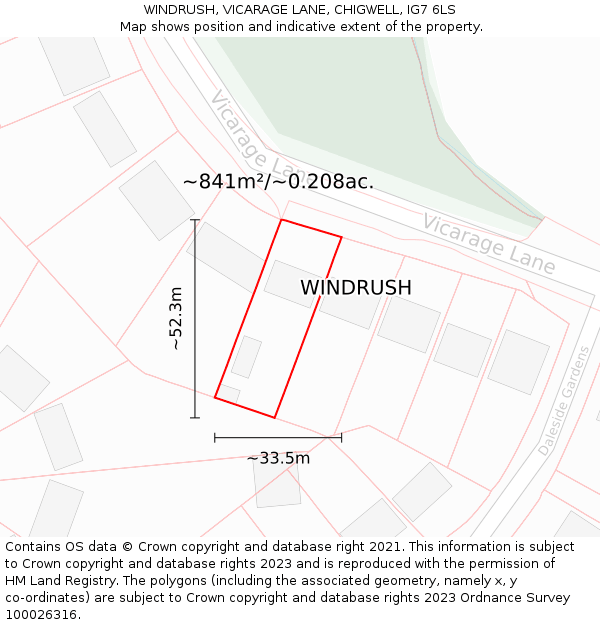 WINDRUSH, VICARAGE LANE, CHIGWELL, IG7 6LS: Plot and title map