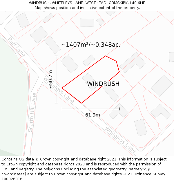 WINDRUSH, WHITELEYS LANE, WESTHEAD, ORMSKIRK, L40 6HE: Plot and title map