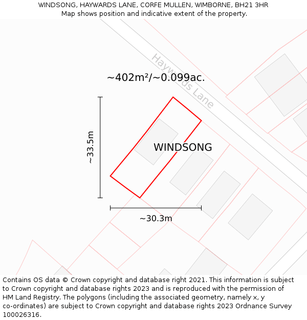 WINDSONG, HAYWARDS LANE, CORFE MULLEN, WIMBORNE, BH21 3HR: Plot and title map