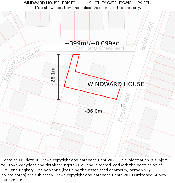 WINDWARD HOUSE, BRISTOL HILL, SHOTLEY GATE, IPSWICH, IP9 1PU: Plot and title map