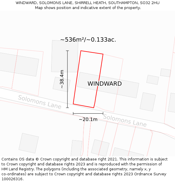 WINDWARD, SOLOMONS LANE, SHIRRELL HEATH, SOUTHAMPTON, SO32 2HU: Plot and title map