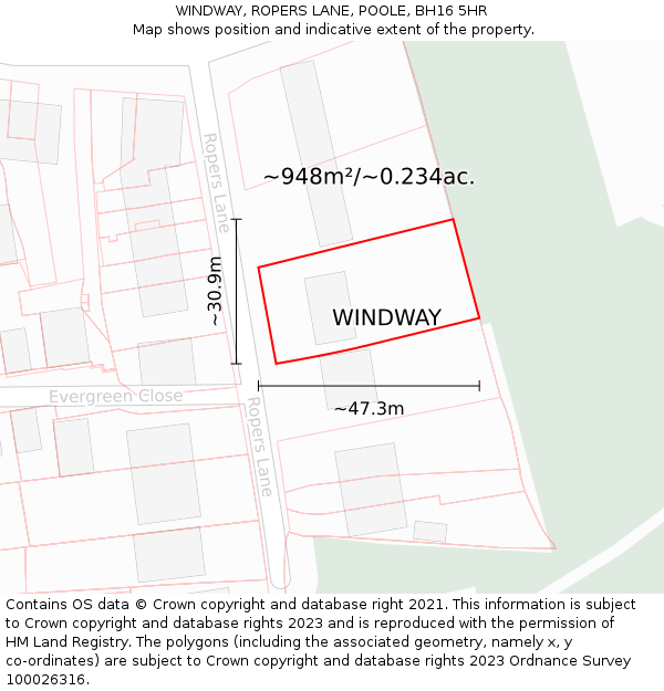 WINDWAY, ROPERS LANE, POOLE, BH16 5HR: Plot and title map