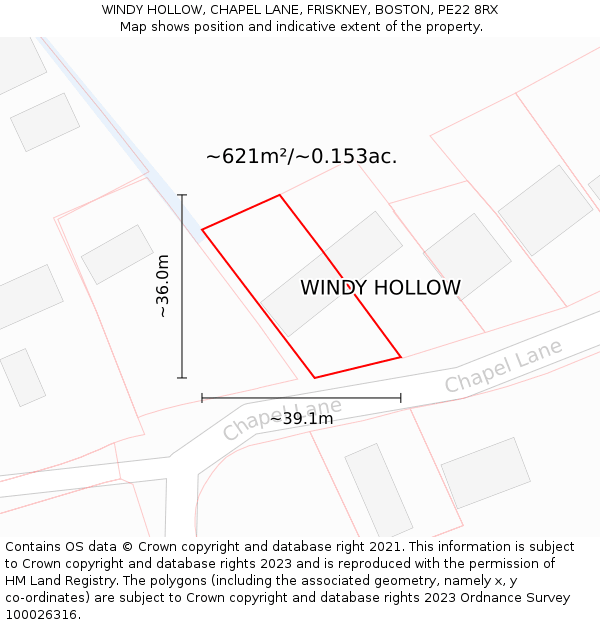 WINDY HOLLOW, CHAPEL LANE, FRISKNEY, BOSTON, PE22 8RX: Plot and title map