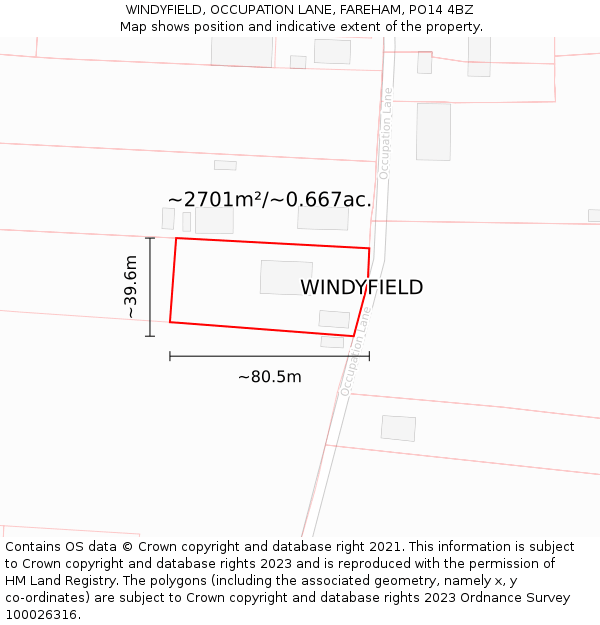 WINDYFIELD, OCCUPATION LANE, FAREHAM, PO14 4BZ: Plot and title map