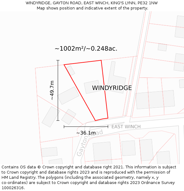 WINDYRIDGE, GAYTON ROAD, EAST WINCH, KING'S LYNN, PE32 1NW: Plot and title map