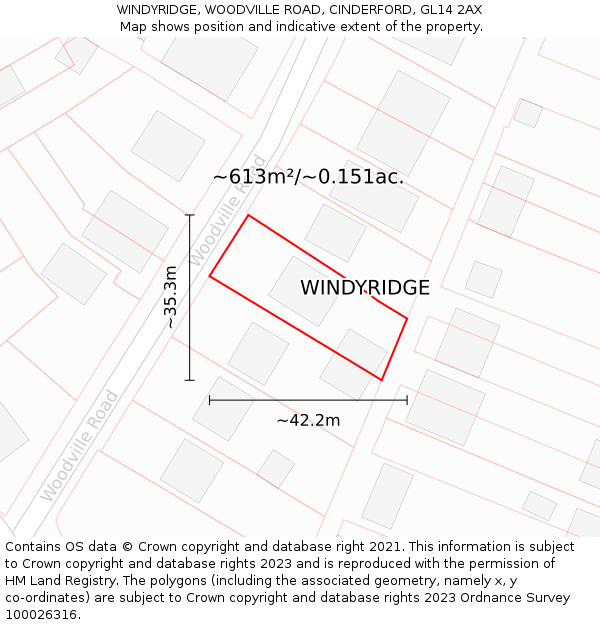 WINDYRIDGE, WOODVILLE ROAD, CINDERFORD, GL14 2AX: Plot and title map