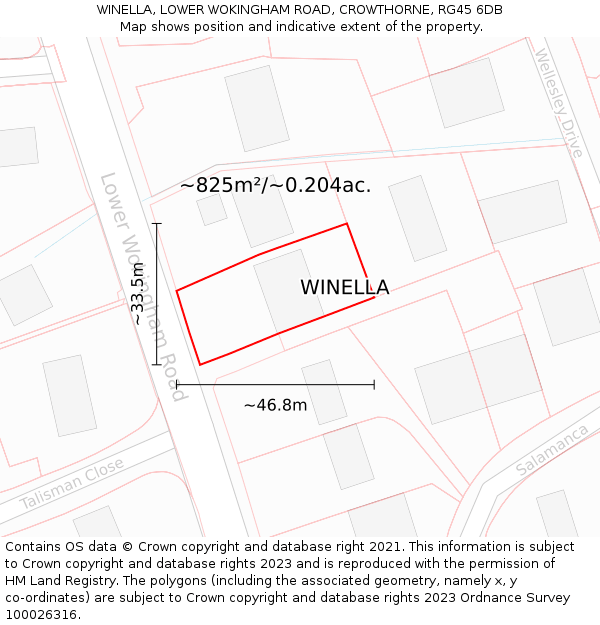 WINELLA, LOWER WOKINGHAM ROAD, CROWTHORNE, RG45 6DB: Plot and title map