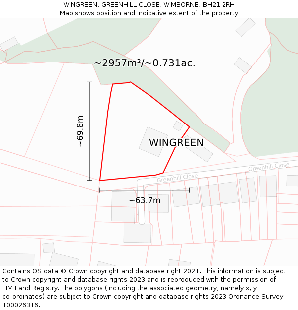 WINGREEN, GREENHILL CLOSE, WIMBORNE, BH21 2RH: Plot and title map