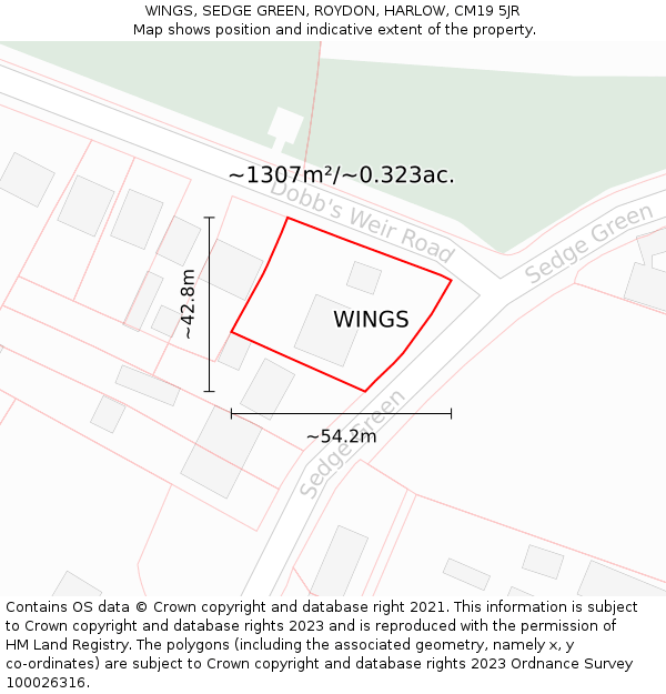 WINGS, SEDGE GREEN, ROYDON, HARLOW, CM19 5JR: Plot and title map