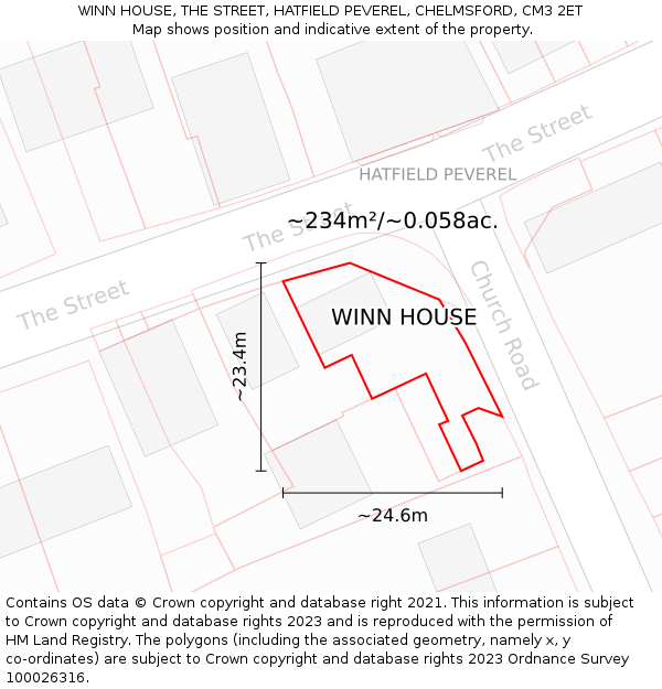 WINN HOUSE, THE STREET, HATFIELD PEVEREL, CHELMSFORD, CM3 2ET: Plot and title map