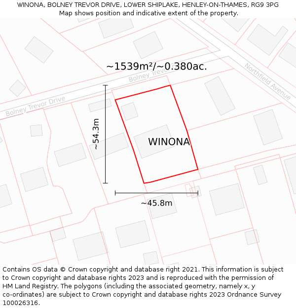 WINONA, BOLNEY TREVOR DRIVE, LOWER SHIPLAKE, HENLEY-ON-THAMES, RG9 3PG: Plot and title map