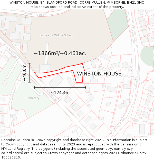 WINSTON HOUSE, 84, BLANDFORD ROAD, CORFE MULLEN, WIMBORNE, BH21 3HQ: Plot and title map